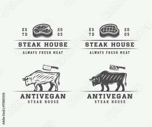 Set of vintage butchery meat, steak or bbq logos, emblems, badges, labels. Graphic Art. Vector Illustration.