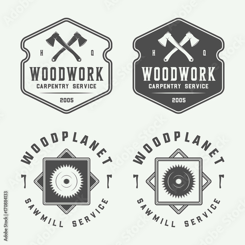 Set of vintage carpentry, woodwork and mechanic labels, badges, emblems and logo. Vector illustration. Monochrome Graphic Art.