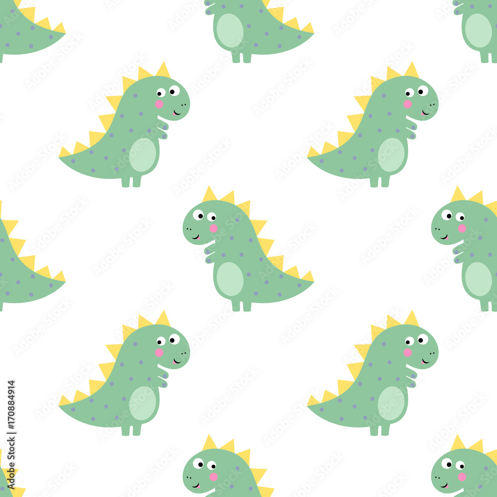 Obraz premium Cute dinosaur seamless pattern on white background. Vector dino background for kids. Child drawing style cartoon illustration. Design for fabric, textile, decor.