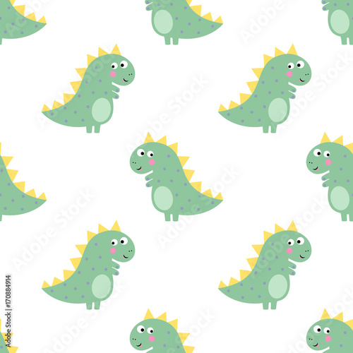 Cute dinosaur seamless pattern on white background. Vector dino background for kids. Child drawing style cartoon illustration. Design for fabric  textile  decor.