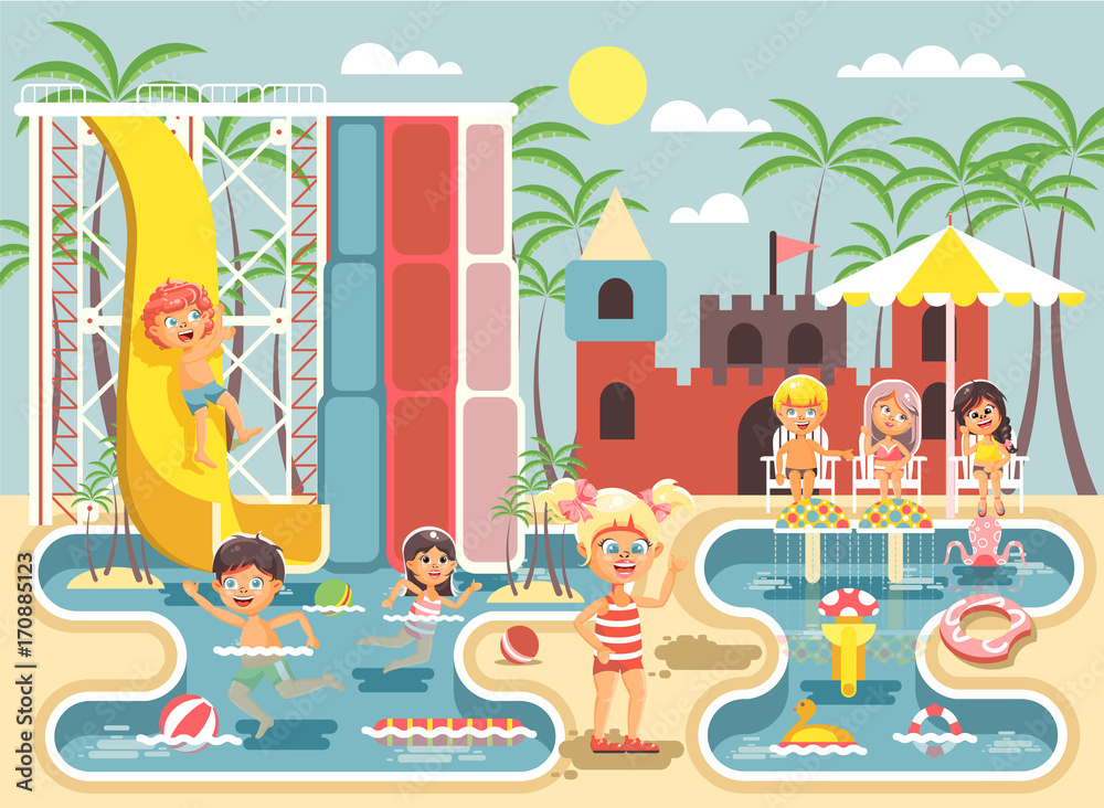 Fototapeta premium Vector illustration cartoon characters children, boys and girls frolicking or resting water park, water attractions, riding water slide swim pool, sit on deckchairs under sun umbrella flat style