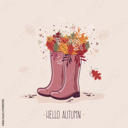Autumn Greeting Card with Rubber Boots and Colorful Autumn Leaves.