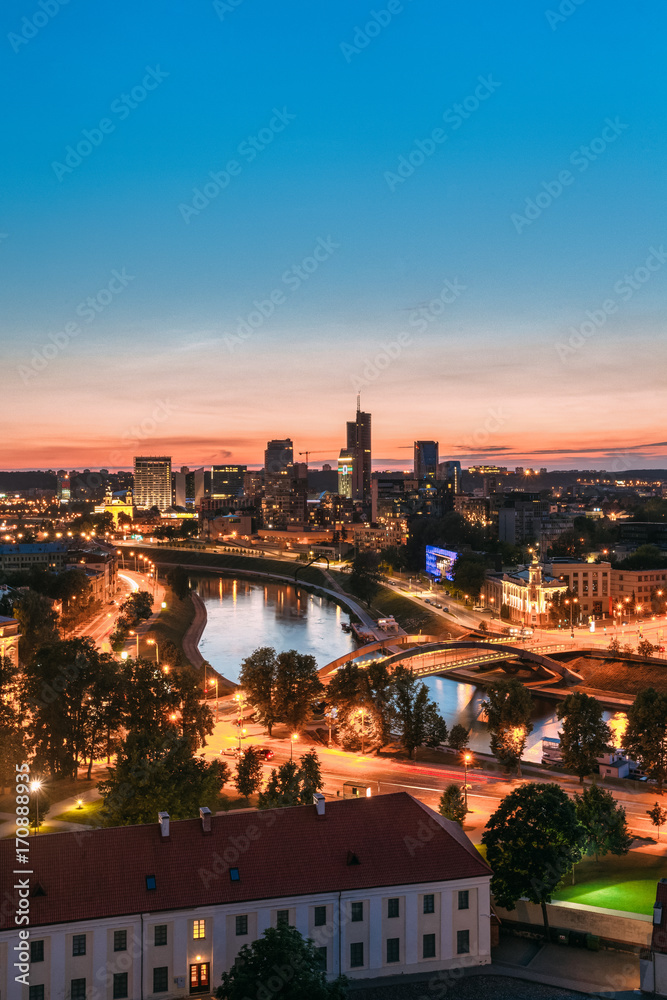 Vilnius, Lithuania, Europe. Sunset Cityscape. Modern Office Buildings