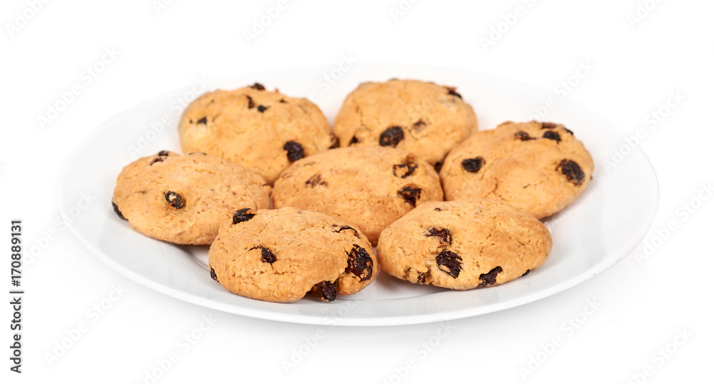 Pile of chocolate chip cookies on a dish isolated on white background Pile of chocolate chip cookies on a dish isolated on white background