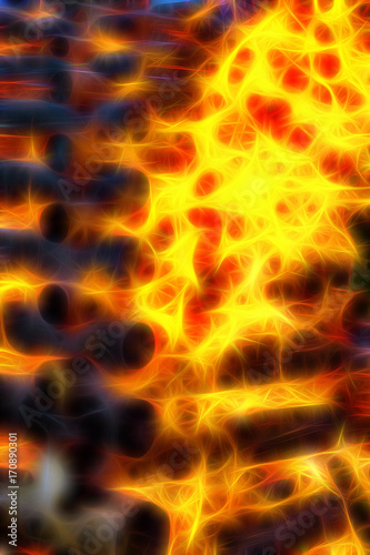 burning bonfire with flames consuming logs, fractal effect.