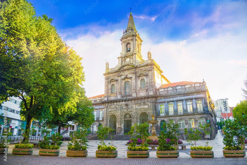 Landscape of Holy Trinity Catholic Church landmark in Porto city, Portugal