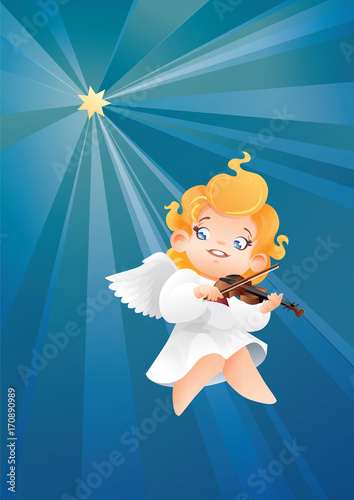 Smilyng flying on a night sky kid angel musician violinist play 