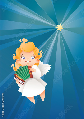 Kid angel musician flying on a night sky making music on accordi