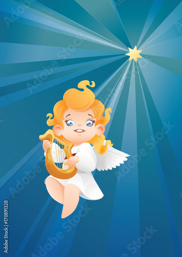 Kid angel musician harpist flying on a night sky making music on harp to a Christmas star