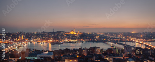 Istanbul view from Galata tower, Istanbul, Turkey. Photo of View of the historic center and the bridge across the Golden Horn.