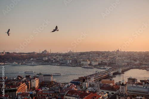 Photography Panorama of Golden Horn Galata bridge and mosque Eminonu, Istanbul, Turkey
