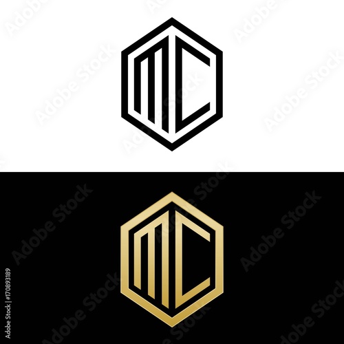 initial letters logo mc black and gold monogram hexagon shape vector