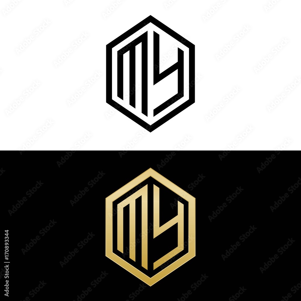 initial letters logo my black and gold monogram hexagon shape vector