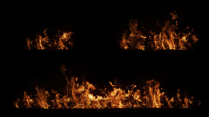 A set of real big shot fire in with particles on black background, horizontal burning beams, high speed flame isolated, perfect for film, digital composition.