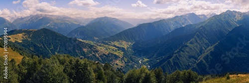 Panoramic view of Svaneti mountains, hills and meadows, Georgia