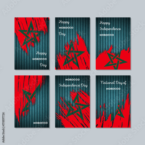 Morocco Patriotic Cards for National Day. Expressive Brush Stroke in National Flag Colors on dark striped background. Morocco Patriotic Vector Greeting Card.