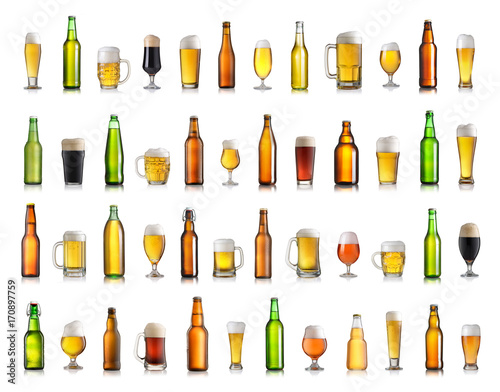 Set of various beer bottles and glasses. Isolated on white background