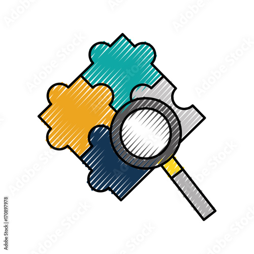 business puzzle jigsaw strategy goal magnifier vector illustration