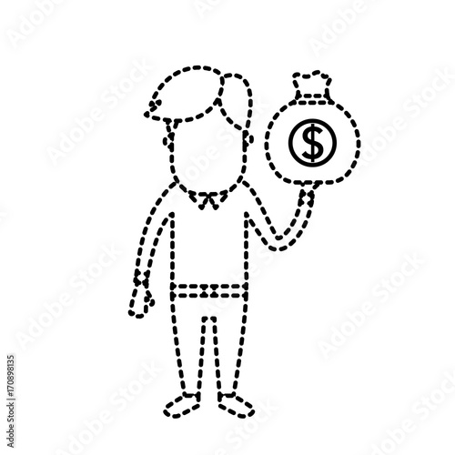 dotted shape man with bag cash money in the hand vector illustration