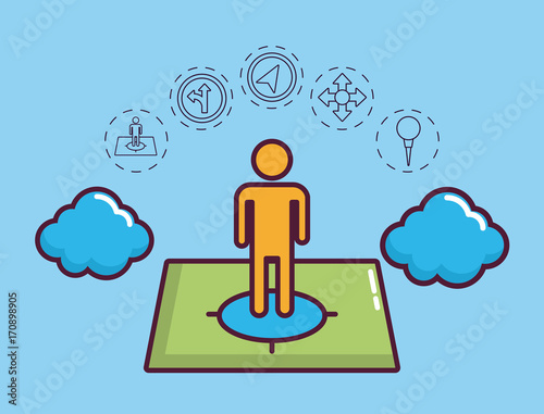 man with navigation and location related icons around over blue background colorful design vector illustraiton