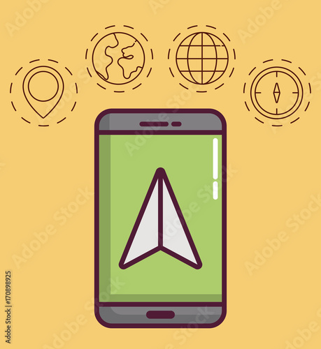 smartphone with navigation and location related icons around over yellow background colorful design vector illustraiton
