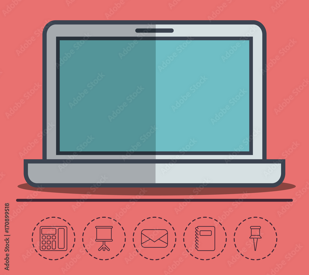laptop computer and office elements icons over red background colorful desing vector illustration laptop computer and office elements icons over red background colorful desing vector illustration