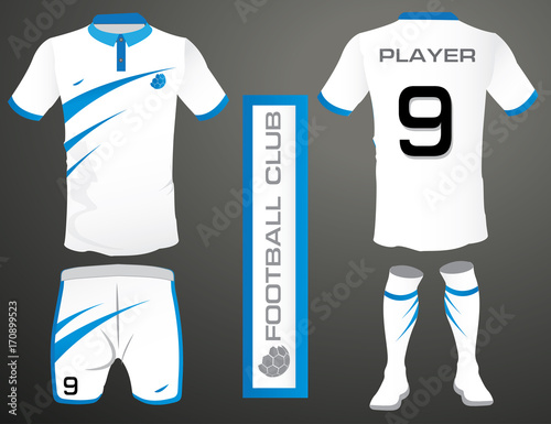 Set of soccer kit or football jersey template for football club. Yellow football shirt mock up. Front and back view soccer uniform. Flat football logo label. Vector Illustration