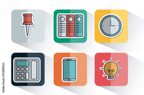 office elements related icons over colorful circles and white background vector illustration