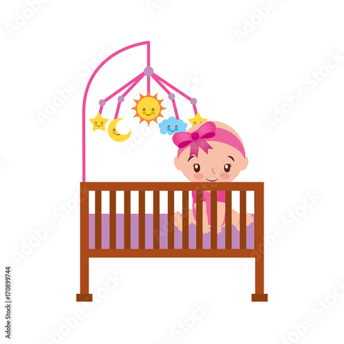 girl with mobile toy cot baby shower furniture infant symbol vector illustration