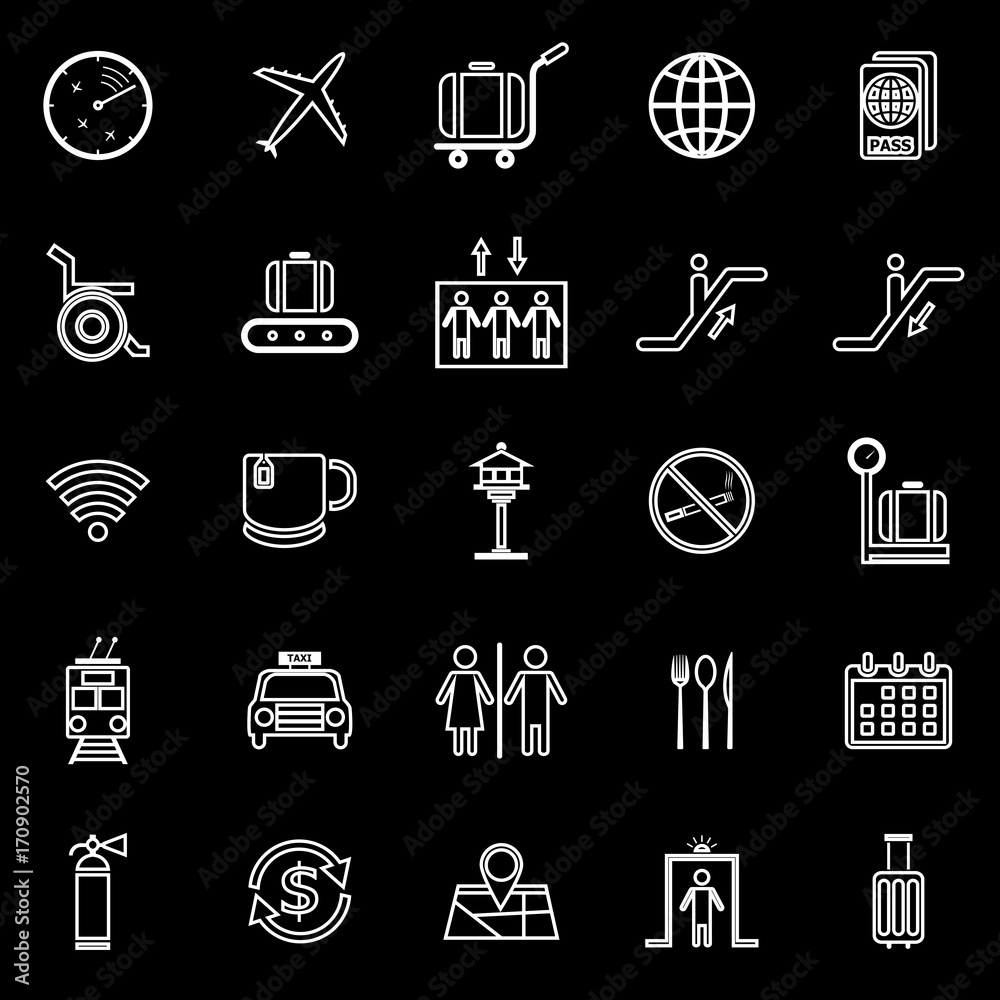 Airport line icons on black background