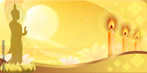 Golden Buddha statue and light candle with light of the moon background