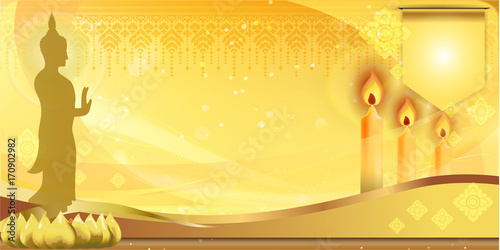Golden Buddha statue and light candle with light of the moon background