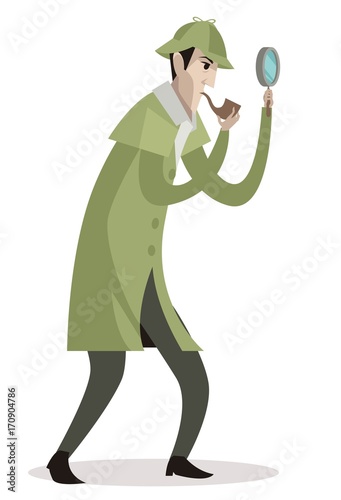 great detective investigating with magnifying glass
 and pipe