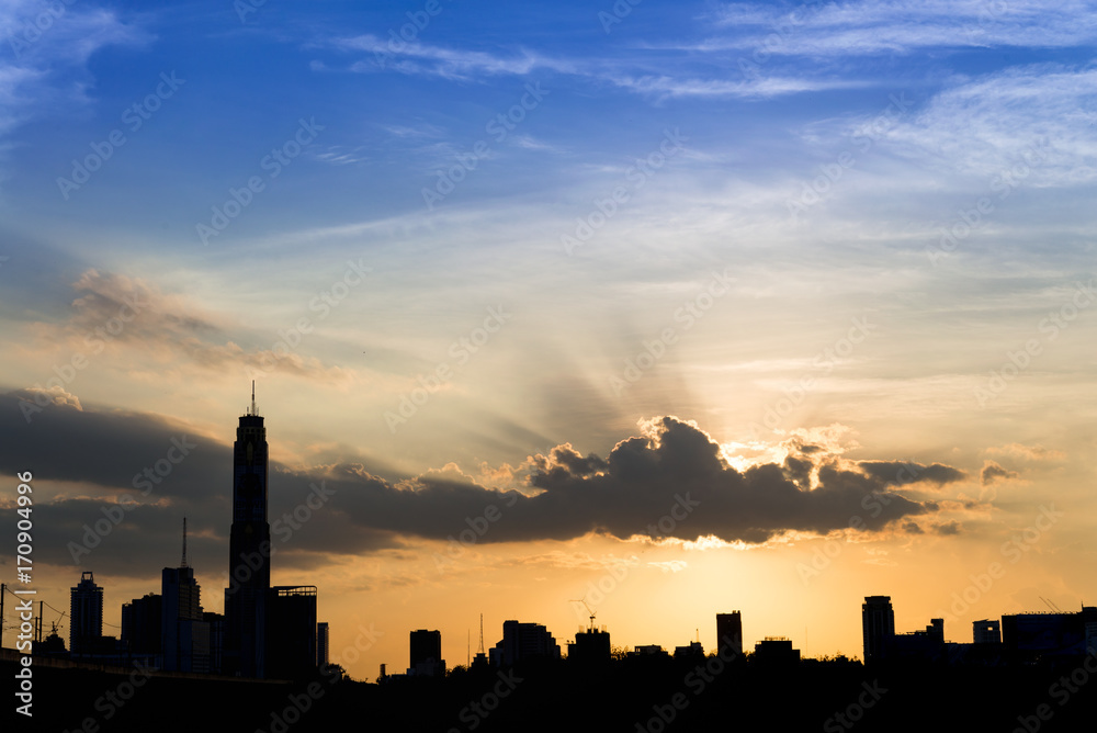 silhouette of cityscapes bangkok city on sunset sky background, thailand