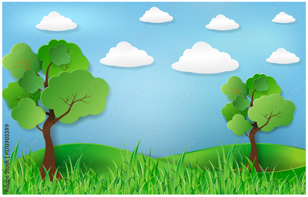 Summer view green tree paper made and grass Summer view green tree paper made and grass