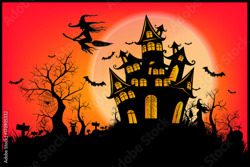 Happy Halloween background with pumpkin, haunted house and full moon. invitation template for Halloween party. Vector illustration