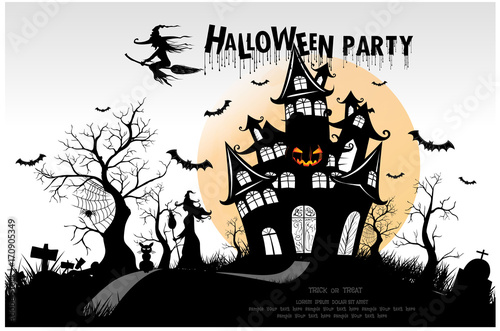 Happy Halloween background with pumpkin, haunted house and full moon. invitation template for Halloween party. Vector illustration