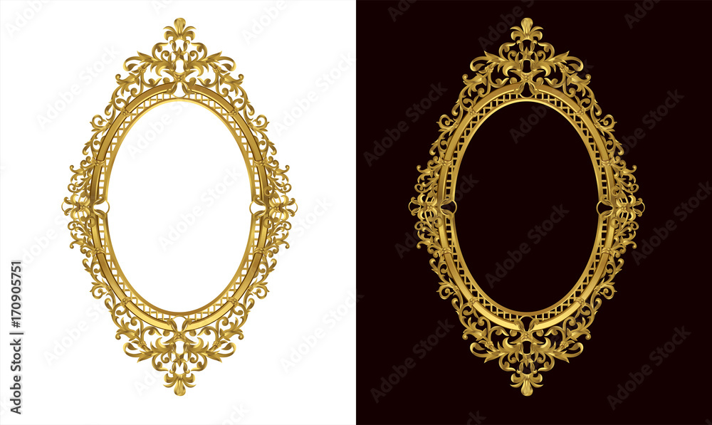 Golden antique frame of Gold photo frame with corner line floral for picture, Vector border design decoration pattern style. Thai art golden metal beautiful.