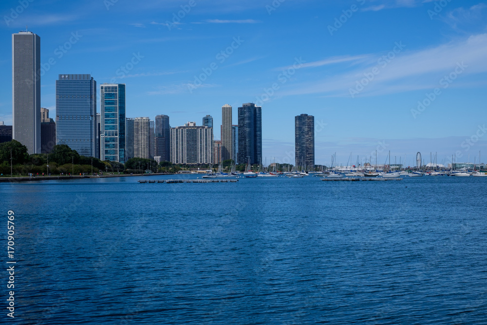 chicago waterfront skyline with sailboats