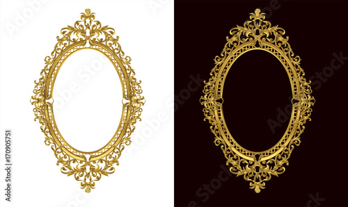 Golden antique frame of Gold photo frame with corner line floral for picture, Vector border design decoration pattern style. Thai art golden metal beautiful.