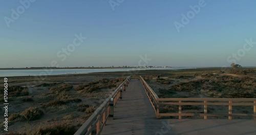Aerial seascape, in Ria Formosa wetlands natural park, Cavacos Beach Footpath. Algarve.