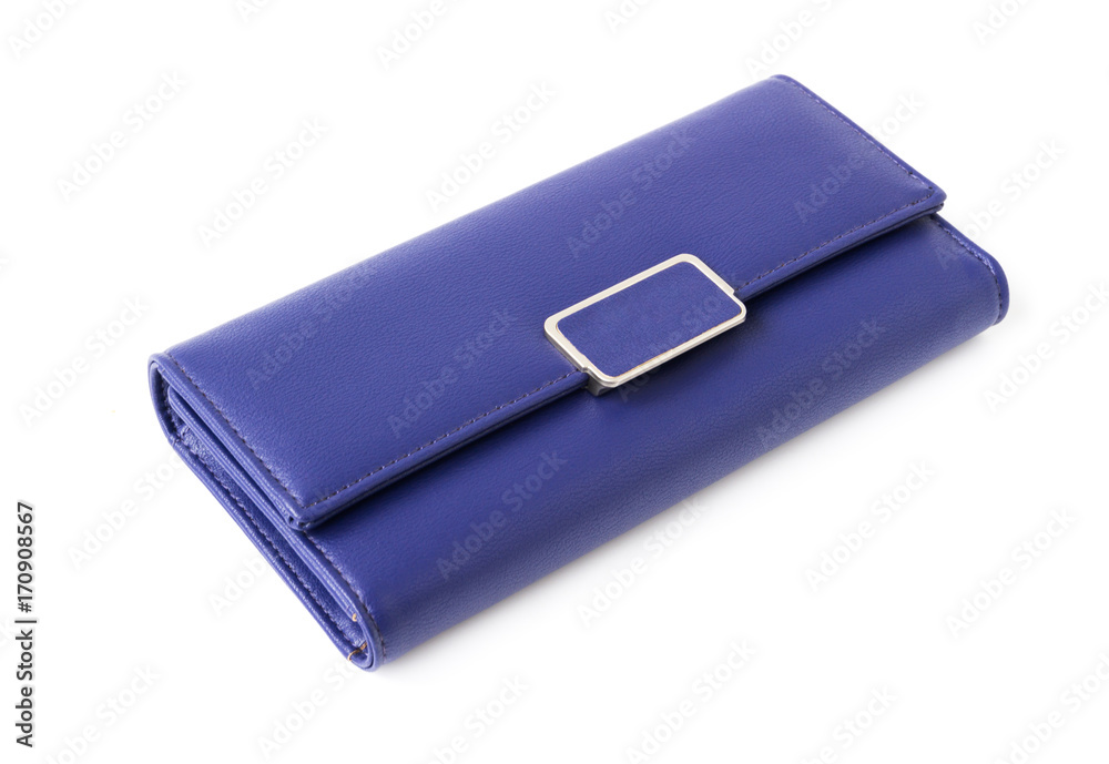 Closeup modern woman wallet blue color on white background Closeup modern woman wallet blue color on white background