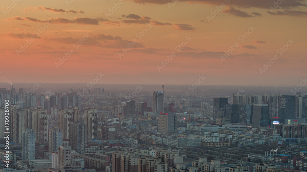 Cityscape skyline at sunset. City.