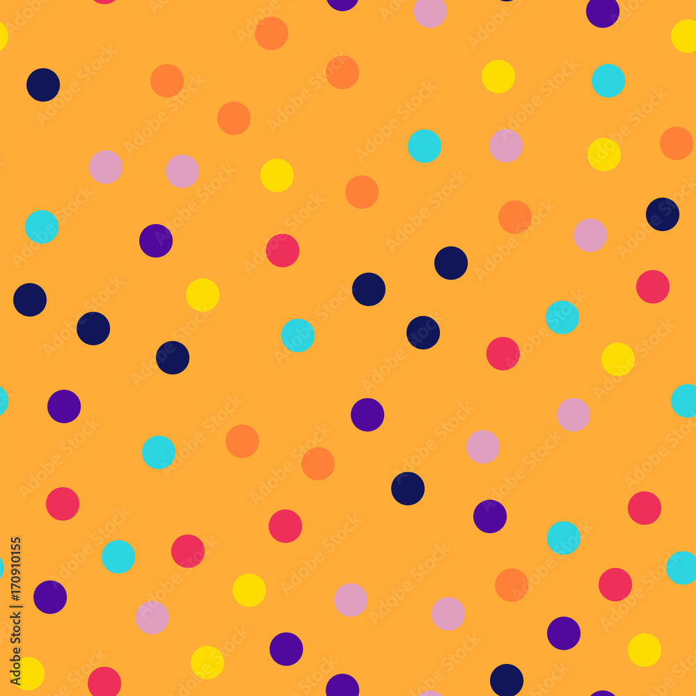 Memphis style polka dots seamless pattern on orange background. Overwhelming modern memphis polka dots creative pattern. Bright scattered confetti fall chaotic decor. Vector illustration.