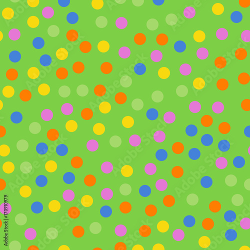 Colorful polka dots seamless pattern on bright 2 background. Extraordinary classic colorful polka dots textile pattern. Seamless scattered confetti fall chaotic decor. Abstract vector illustration.