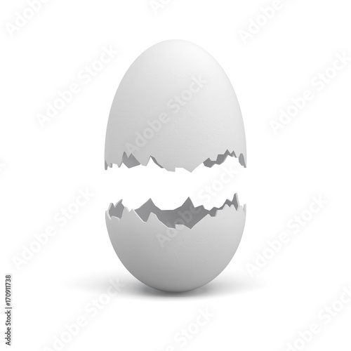 3d rendering of chicken egg broken in half at the middle with both parts hanging above each other.