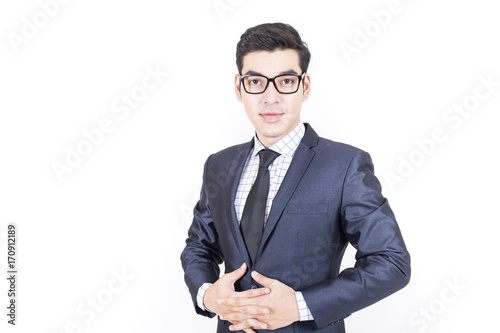 Asian Businessman standing on White Background with Success feeling, Business Success Concept, isolated on white background.