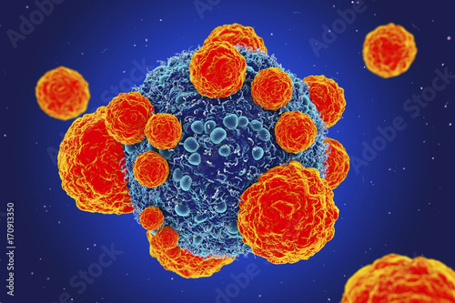 Cancer cell and T cells, illustration