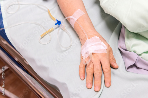 Close up Hand of a patient in Hospital ward  Patient Health Care concept.