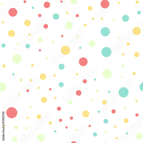 Colorful polka dots seamless pattern on black 16 background. Extraordinary classic colorful polka dots textile pattern. Seamless scattered confetti fall chaotic decor. Abstract vector illustration.